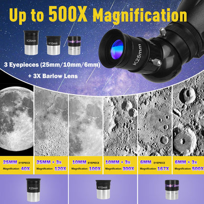 HETEKAN Telescope, Telescope for Adults High Powered, 90mm Aperture 1000mm Astronomical Refractor Telescopes for Beginners, Magnification 500X, with Three Eyepieces, Phone Adapter & Carrying Bag