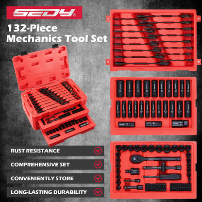 Premium 132-Piece Mechanics Tool Set, SAE/Metric 1/4" & 3/8" Drive Socket Set, Ratcheting Wrenches, Extensions & Adapters, Quick-Release Ratchet, Professional Auto Repair Tool Kit with Storage Case