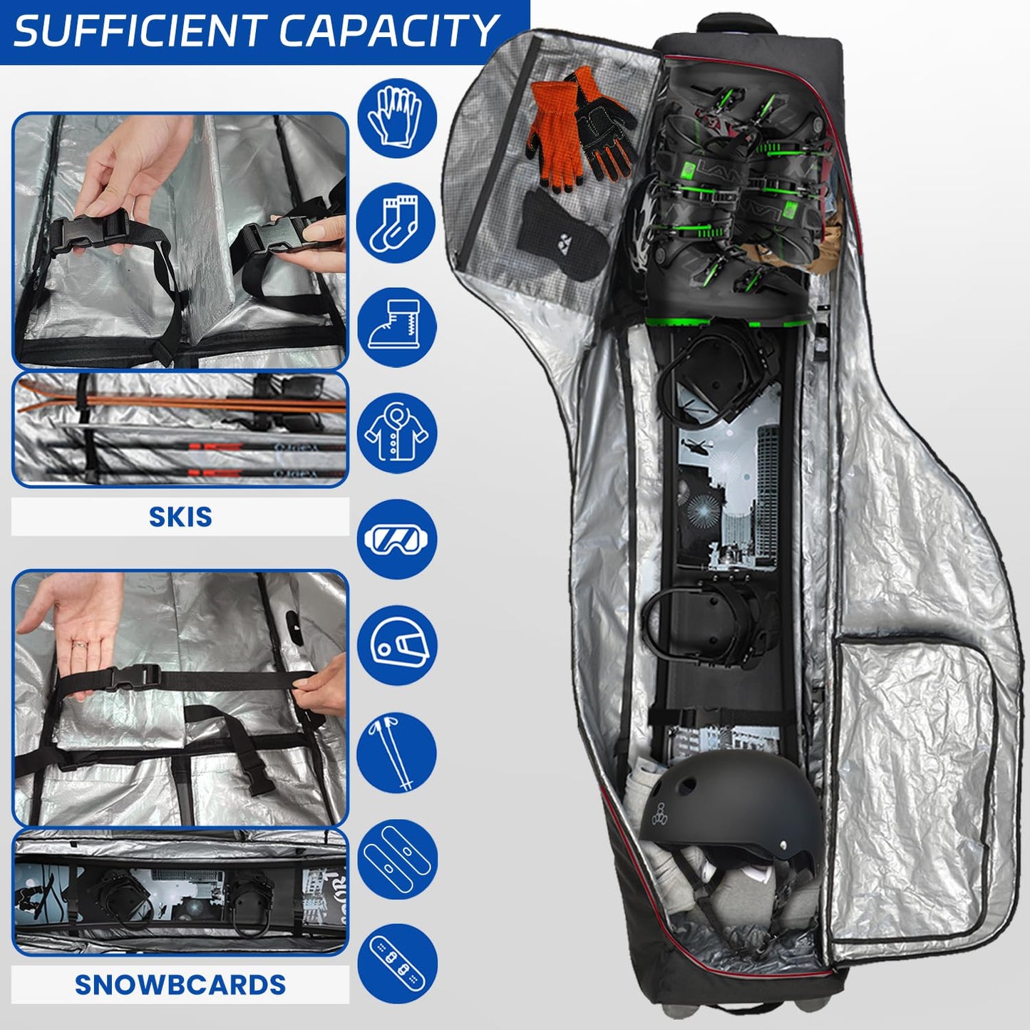 TurnWay Padded Ski Bag with Wheels for Air Travel, Double Rolling Snowboard Bag Heavy Duty Waterproof for Storage & Transportation of Snowboard/Ski Gear (Black-Red)