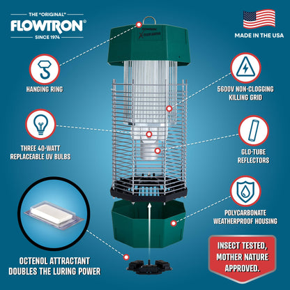 Flowtron Electric Bug Zapper 2 Acres Outdoor Insect Control with Dual Lure Method, 120W UV Light & Octenol Attractant for Fly & Mosquito, 5600V Kill Grid, Made in USA