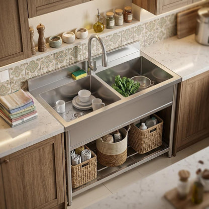 42" x 22" Freestanding Stainless Steel Utility Sink with Pull Down Faucet and Workbench Top, Extra Wide Basin for Laundry Room, Garage, or Workshop
