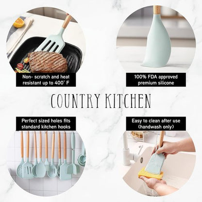 Country Kitchen Non-Stick Silicone Utensil Set - 38 Piece Cooking & Baking Tools in Mint