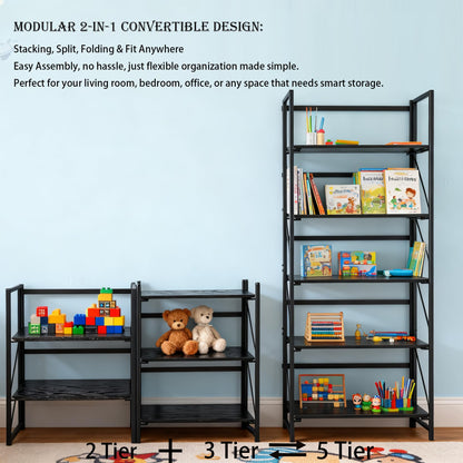Kogven Folding Bookshelf, 2-in-1 Convertible Design, Multifunctional Plant Stand Storage Rack Shelves for Home Office, Easy Assembly, 5-Tier, Black