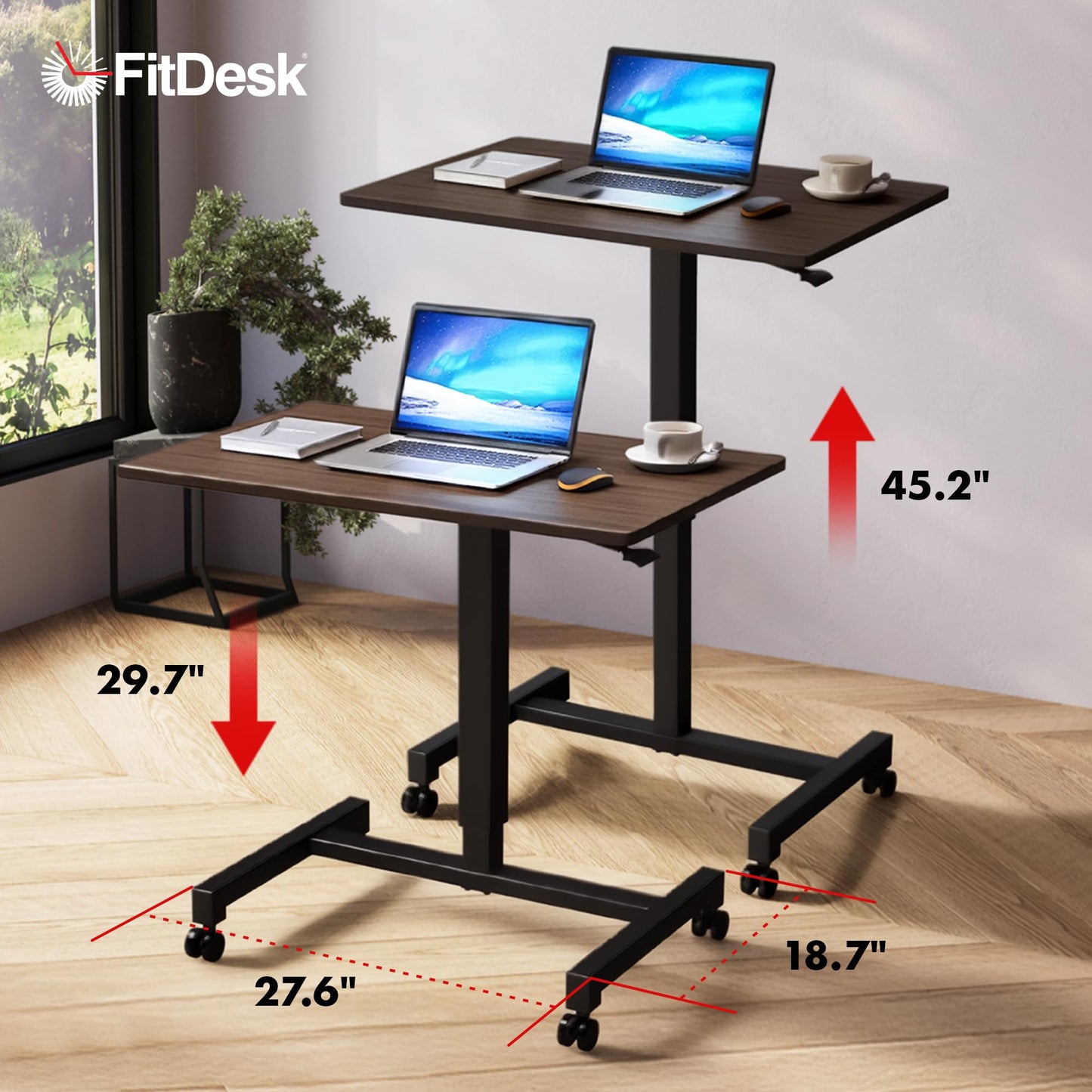 FitDesk Portable Laptop Desk, Rolling Standing Workstation Adjustable Height, Compact Standing Table with Large Surface, Small Stand Desk for Home Office, 30 lb Weight Limit – Walnut, 27" Tabletop
