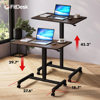 FitDesk Portable Laptop Desk, Rolling Standing Workstation Adjustable Height, Compact Standing Table with Large Surface, Small Stand Desk for Home Office, 30 lb Weight Limit – Walnut, 27" Tabletop