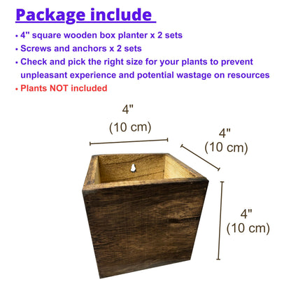 LaLaGreen Wood Planter Box for Plants (4x4 Inch, 2 Pack) Small Square Wall Planters for Indoor Plant, Window Hanging Flower Pot Wooden Boxes for Table Centerpiece Herb Balcony Home Garden Office Decor