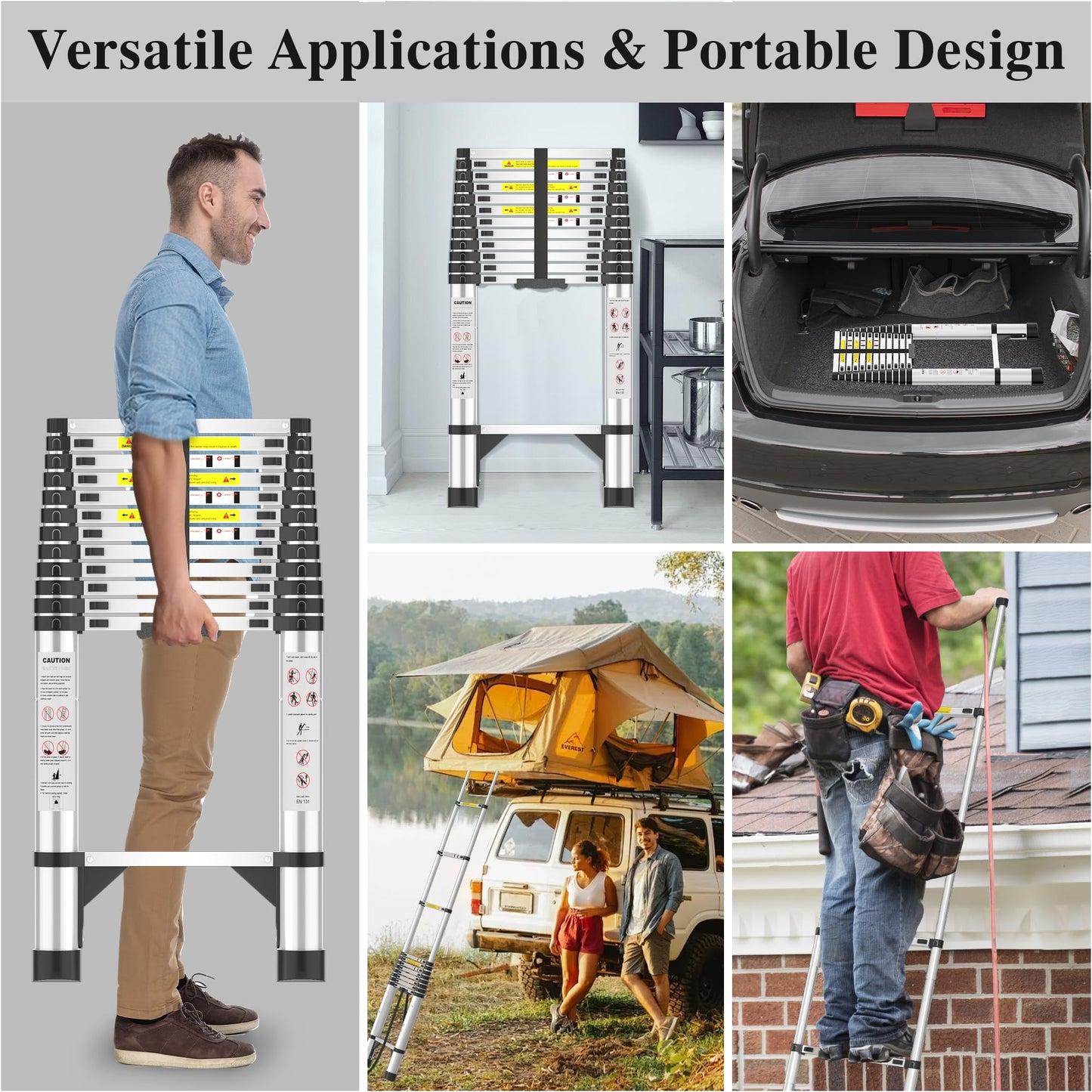 16.5 FT Telescoping Ladder - Collapsible Extension Ladder for RV, Compact Aluminum Extendable Ladder with Adjustable Height for House Roof & Travel Trailers, 330lbs Capacity