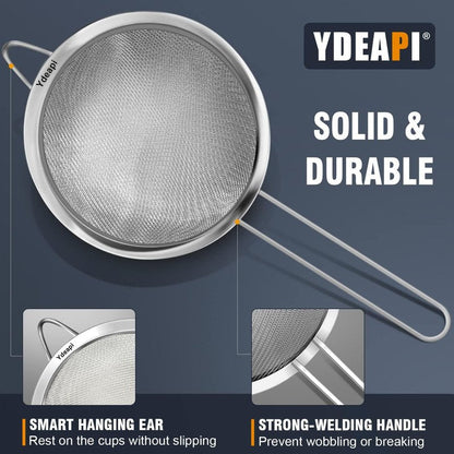 Ydeapi Fine Mesh Strainer, Stainless Steel Kitchen Strainers with Sturdy Handle, Set of 4 Metal Sieve for Food, Rice, Quinoa, Tea - 8.6", 6.3", 4.6", 2.7"