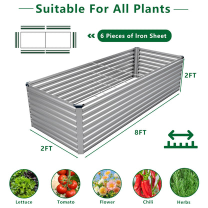 DIIYIV Galvanized Raised Garden Bed Kit Outdoor Patio,8x2x2ft Large Rectangular Metal Planter Boxes,Deep Root Box Planter for Gardening,Vegetables,Flowers,Herbs-Silver