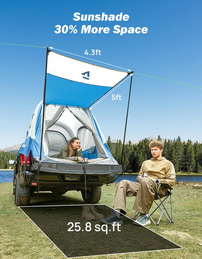 JOYTUTUS Inflatable Truck Bed Tent 6.5FT with Awning, Includes Air Pump for Quick 30 S Setup, Dual-use Pickup or Camping Tent for 2 Person, Waterproof Roof Shade and 3 Windows, Gray Blue