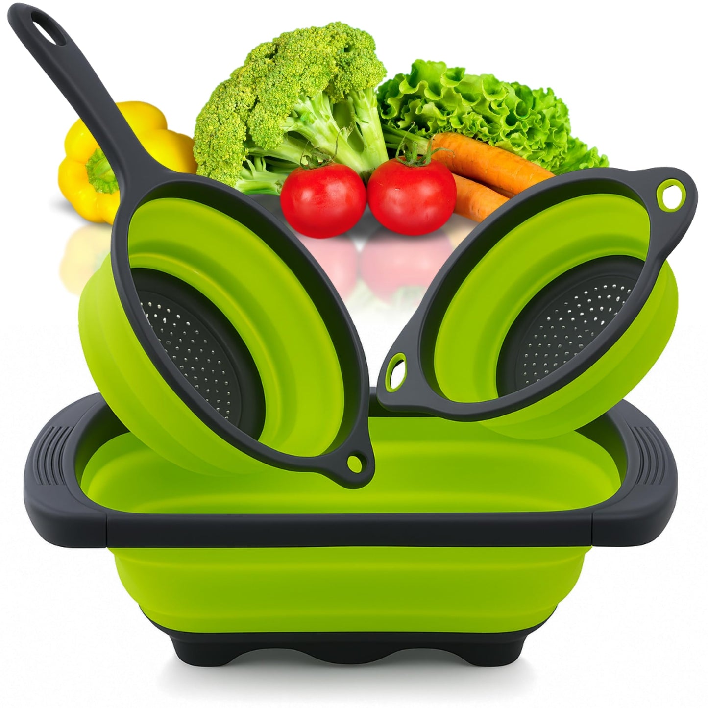 Small Collapsible Colander with Plastic Handles Round Silicone Kitchen Strainers Foldable Kitchen Strainer Perfect for Draining Pasta Vegetable and Fruit Green