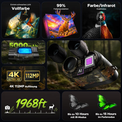 HOTPEAK Night Vision Goggles 4K 112MP, 18X Zoom Infrared Binoculars with 5000mAh Long Battery Life, 1968ft Range, 64GB Card Included, Full Color Night Vision for Hunting Camping Security Surveillance