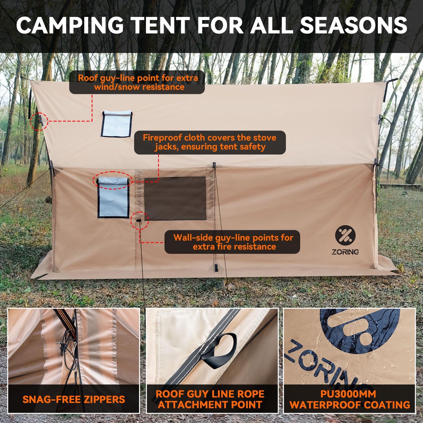 Zoring Hammock Hot Tent with Stove Jack - 4 Season Winter Tent with Snow Skirt, PU3000mm Waterproof Cold Weather Wall Shelter with Big Mesh Door/Windows for Backpacking, Camping, Hiking (No Poles)