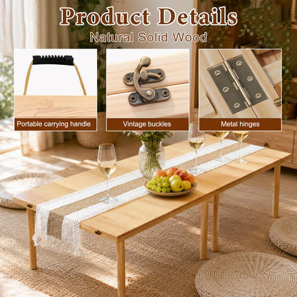MLLNFUE Folding Wooden Picnic Table with Runner, 60"x30" Boho Portable Low Table for Floor Seating, Indoor Outdoor Picnic Table for Camping, Beach, Backyard, BBQ & Party (Seats 6)