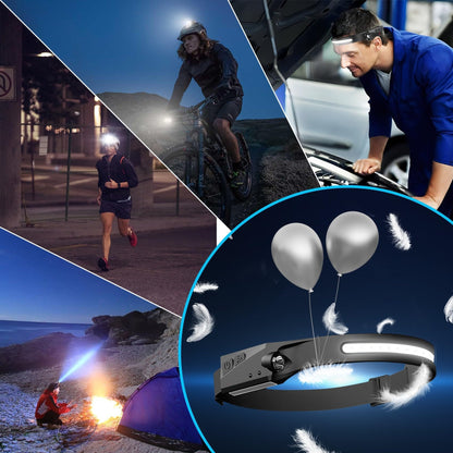 Bud K 12Pack LED Rechargeable Headlamp, 1000-Lumen IPX5 Waterproof Adult Headlamp with Motion Sensor, 230° Wide Beam, 6 Modes, Lightweight, Ideal for Camping, Hiking, Running, and Cycling