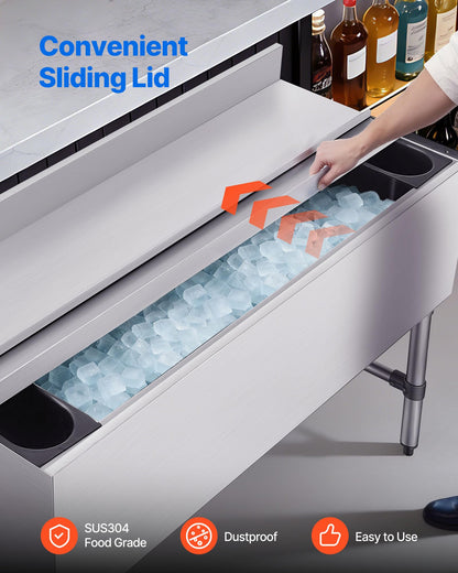 VEVOR Commercial Ice Bin, 137.4 Qt Max Capacity, 48 x 19 x 33 Inch Stainless Steel Ice Chest with Sliding Lid and Bottle Holders, Cooler Cart Cocktail Unit for Bar Restaurant Pub, NSF Certified