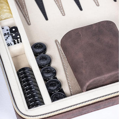Backgammon Sets for Adults Classic Board Game with Folding Faux Leather Backgammon Case Portable Travel Backgammon Game Set (Brown)
