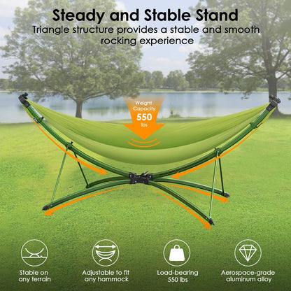 Portable Hammock with Quick Setup Folding Stand & Adjustable Sunshade Canopy & Storage Bag - Adult/Child Hammock Chair - Heavy Duty Hammock for Camping Home Garden Hotel Outside Beach Forest Grasslan