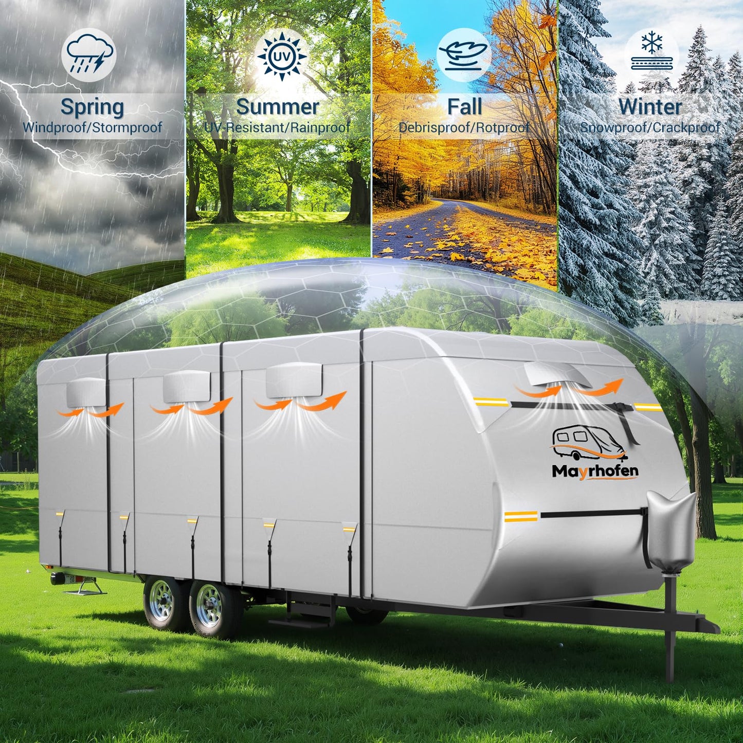 600D Oxford Fabric RV Cover 35-38ft Travel Trailer Cover, 6 Layers Breathable Waterproof Rip-Stop Camper Cover with Adhesive Repair Patches, Gutter, Tire & Additional Straps