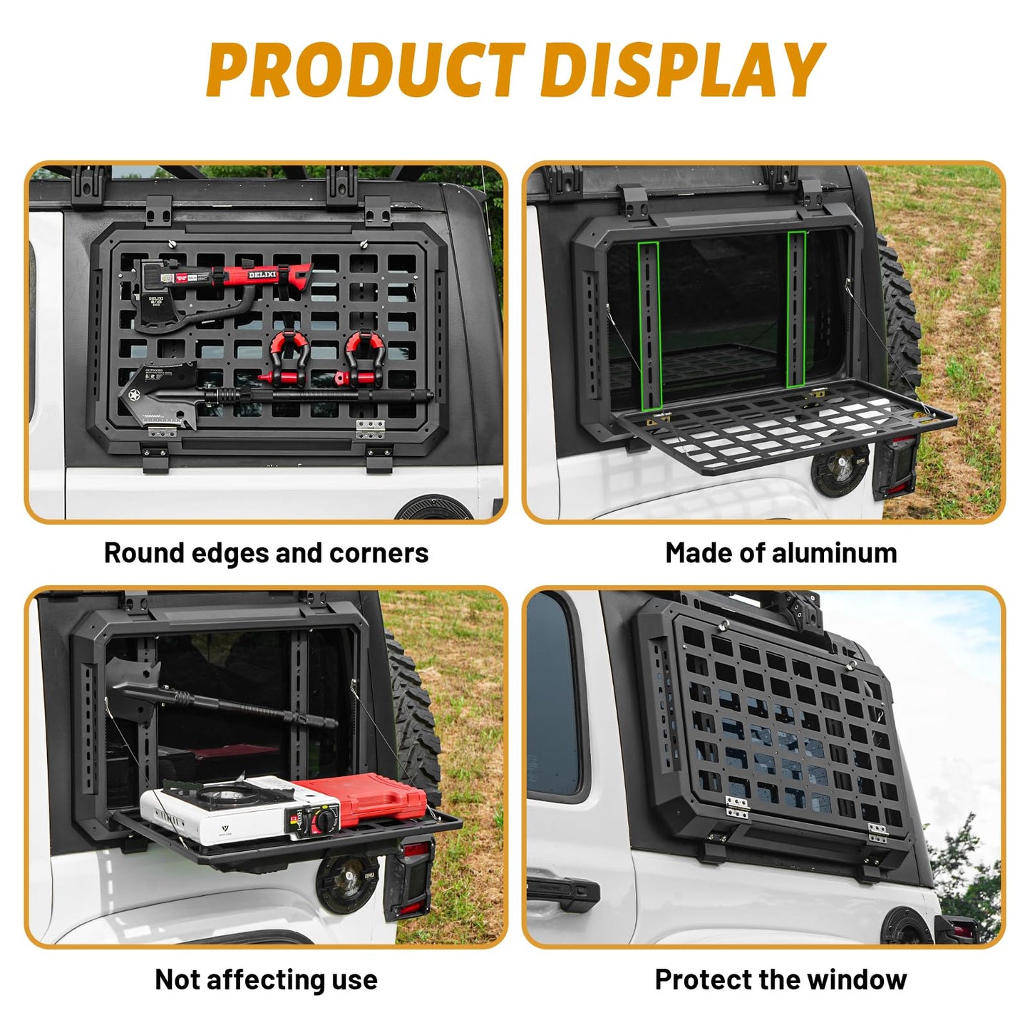 Multifunctional Rear Window Storage Table Molle Panel Kit for 2018-2024 Jeep Wrangler JL & JLU 4 doors Hardtop, Openable Design Tactical Molle Platform for Tools
