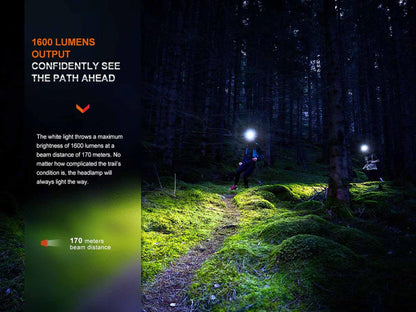 Fenix HM65R-T V2.0 Running Rechargeable Headlamp - 1600 Lumen White Light and Warm White Dual Beams - Lightweight - Long Runtime for Trail Running - Rechargeable, Bundle with Wall Plug