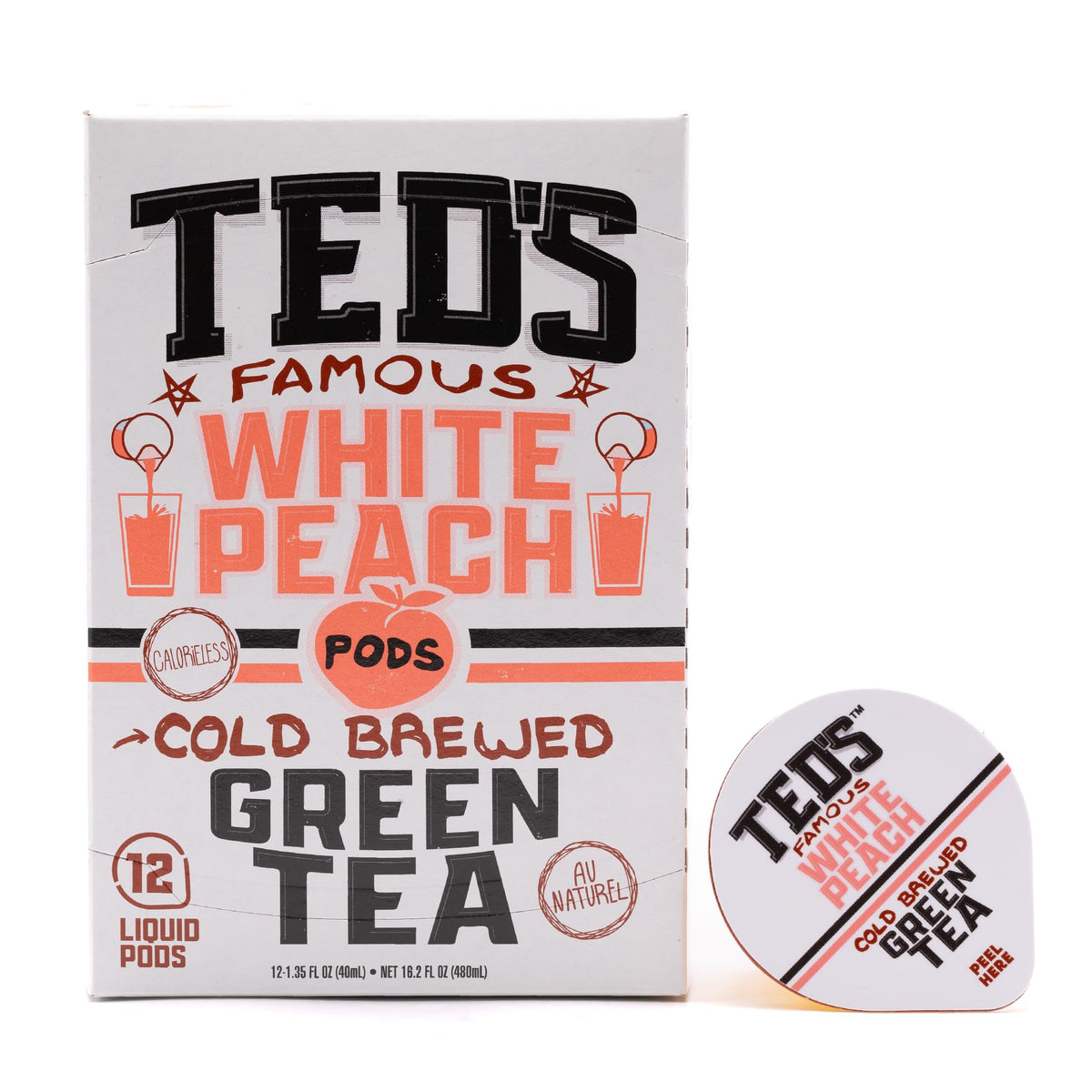 Ted's Tea by Java House - Single Serve Liquid Concentrate Pods - Peel and Pour - White Peach Green Tea - Pack of 12
