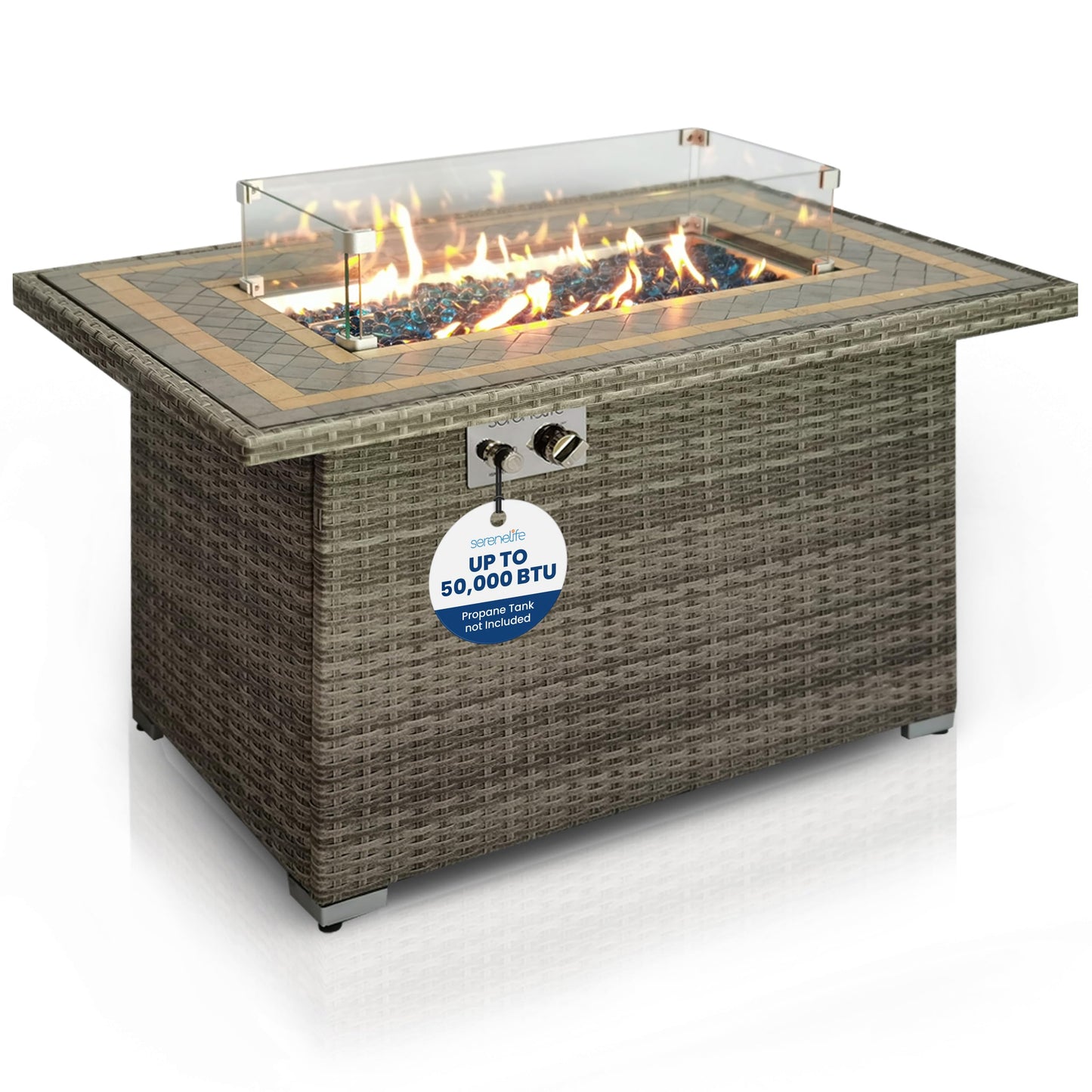 SereneLife Sturdy Wicker Base Propane Fire Pit Table with Tile Top, Patio Heater & Propane Heater, Sliding Door, Stainless Steel Burner, Tempered Glass Wind Guard, 50000 BTU, Weather Resistant