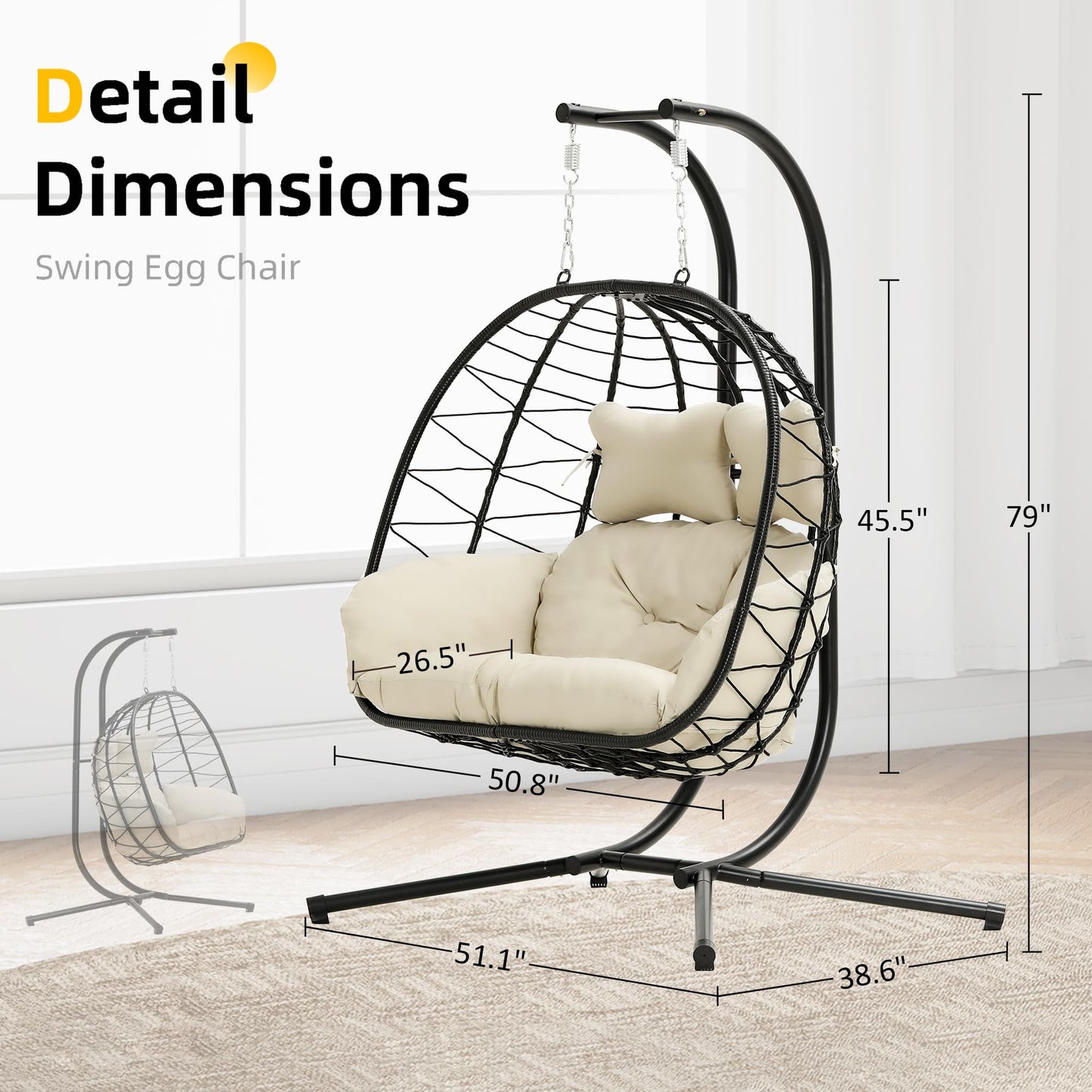 Double Egg Chair with Stand Hammock Swing Chair Foldable Hanging Loveseat, UV Resistant Removable Cushions, 700LBS Capacity for Bedroom, Balcony, Garden(BK-BE)