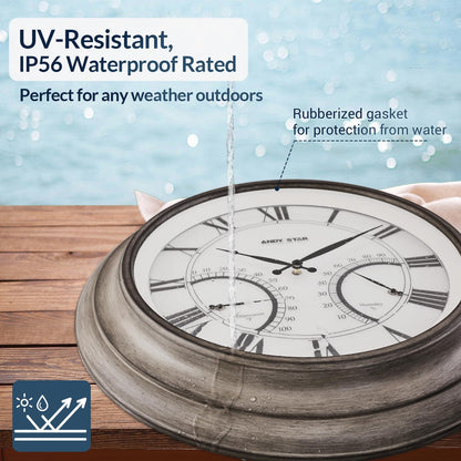 ANDY STAR 24 Inch Outdoor Clocks Waterproof,Large Outdoor Wall Clocks for Garden Patio Pool, Modern Lighted Metal Clock Battery Operated with Thermometer&Hygrometer, Gray Oak Wooden Non Ticking