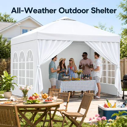 10x10 Pop Up Canopy with Sidewalls- Portable Sun Shade Beach Tent, Gazebo Heavy Duty with Cover Wheeled Bag, Ideal for Parties, Backyard, Camping (White)