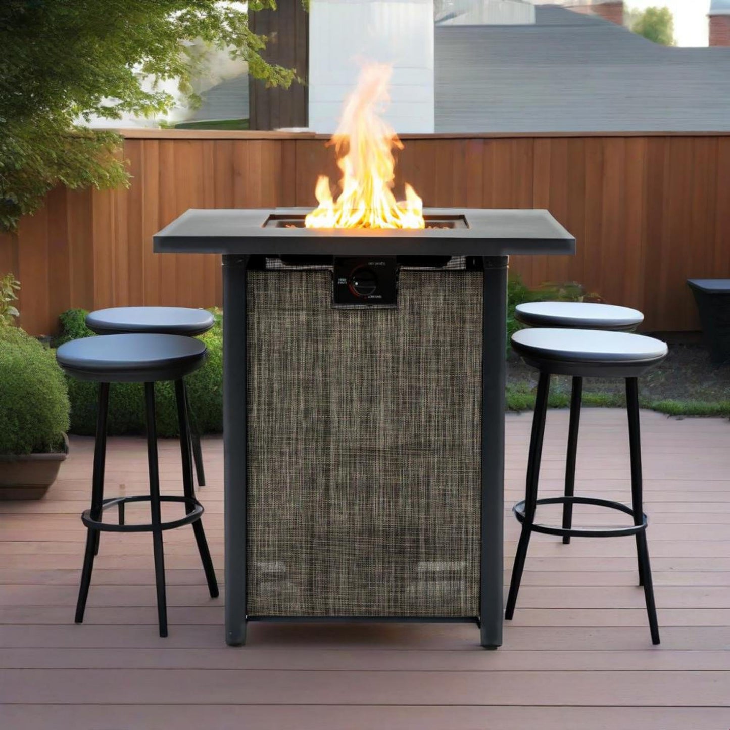 28" Propane Gas Fire Pit Table, 50000 BTU Square Outdoor Fire Pit with Steel Tabletop & Textilene Base, Patio Fire Table with Lava Rocks & Rain Cover for Backyard Deck Garden, Black