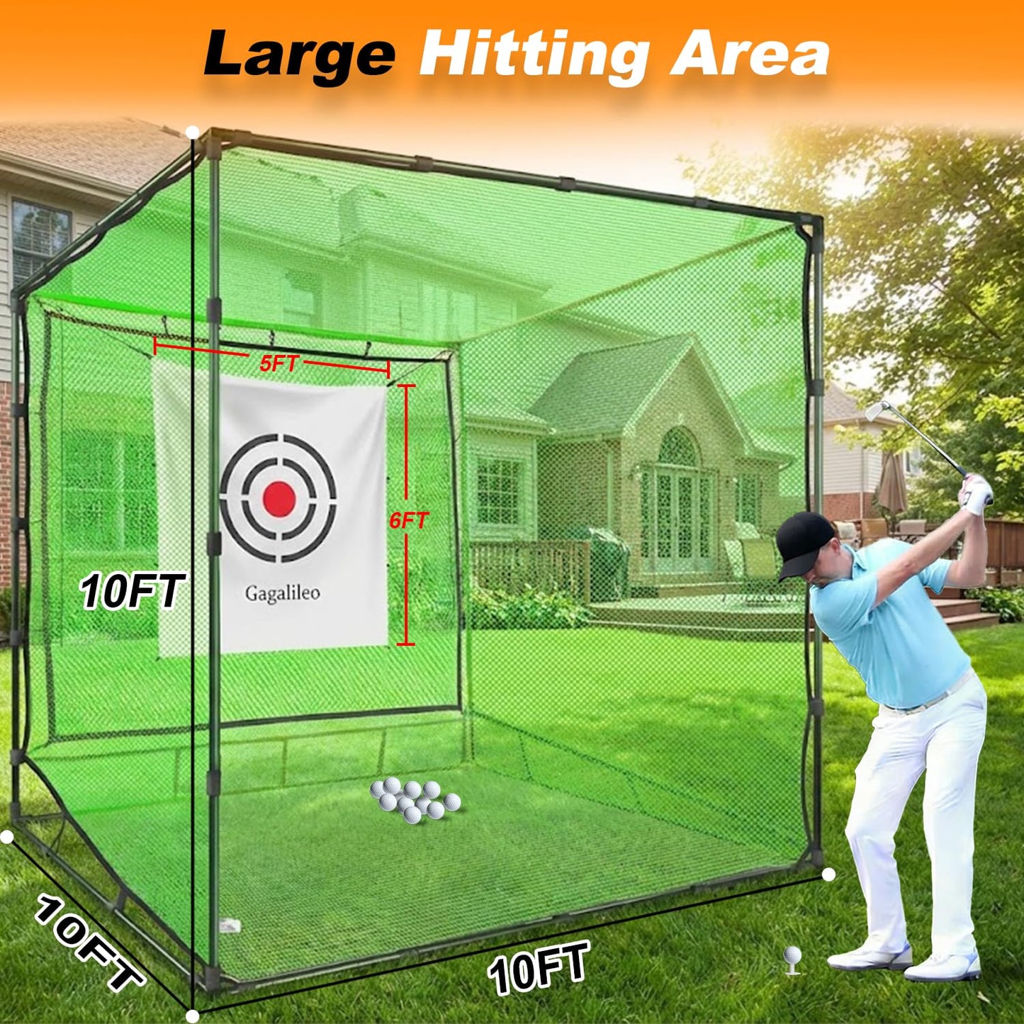 Gagalileo Golf Driving Cage Net: Heavy Duty 1 in Steel Frame - Noise Reduction Target for Backyard Garage Indoor Simulator - 10x10x10 FT High Density Hitting Swing Practice with Bottom