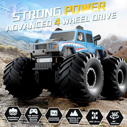 NQD® Monster Truck Toys Waterproof 360°Rotate 4x4 RC Truck Amphibious Remote Control Monster Trucks 2.4GHz All Terrain Off-Road Pickup Toy RC Car for Gifts for Boys Kids Age 6 7 8 9 10 11 12+ Blue