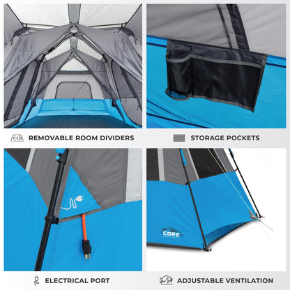 CORE 12 Person Instant Cabin Tent with LED Lights | Large 3 Room Family Lighted Pop Up Tent for 2 Minute Camp Setup | Included Storage Pockets for Camping Accessories
