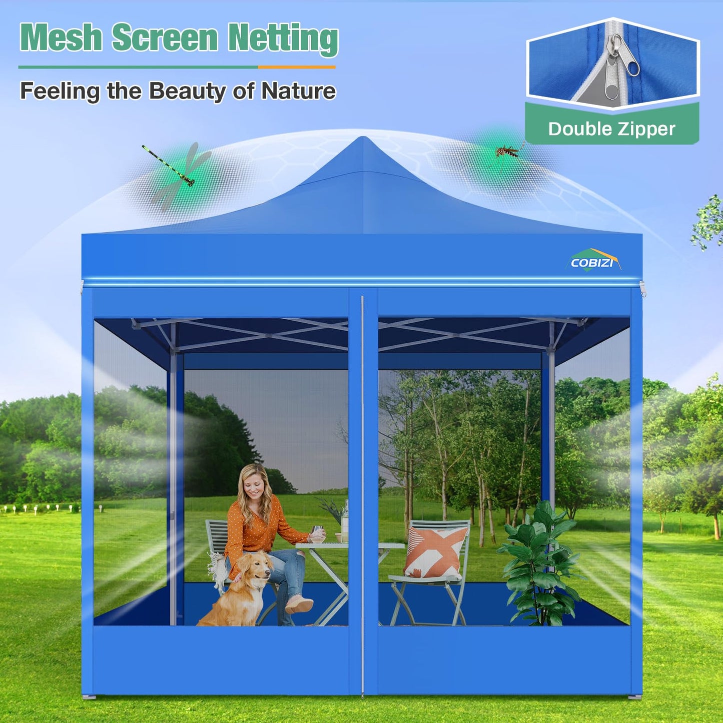 COBIZI Canopy Tent 10x10 Heavy Duty, Pop Up Gazebo with Netting Screened, Waterproof Ez up Canopy with Sidewalls, Outdoor Instant Screen House Tent for Party, Backyard, Wedding, Birthday, Blue
