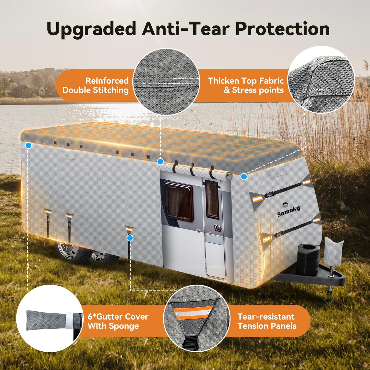 Travel Trailer Cover 20-22 FT, Heavy Duty 7-Layer RV Cover, Rip-Stop Camper Cover, Windproof with 5+2 Straps, UV & Snow Protection, Fits Rooftop A/C