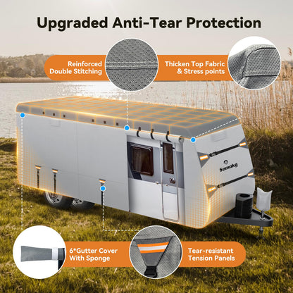 Travel Trailer Cover 20-22 FT, Heavy Duty 7-Layer RV Cover, Rip-Stop Camper Cover, Windproof with 5+2 Straps, UV & Snow Protection, Fits Rooftop A/C