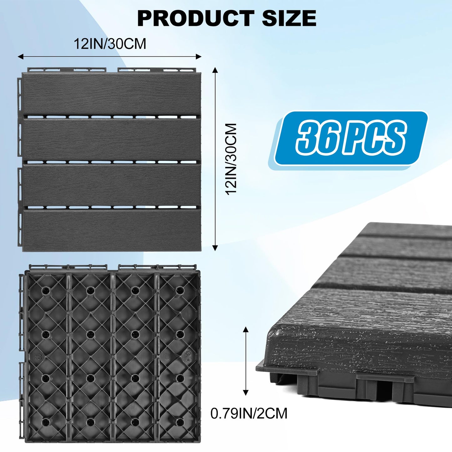 ToLanbbt Plastic Interlocking Deck Tiles 36 Pack 12"x12" Waterproof Indoor Outdoor Composite Patio Flooring Decking Tiles All Weather Use for Patio Porch Balcony Backyard Poolside, Dark Grey