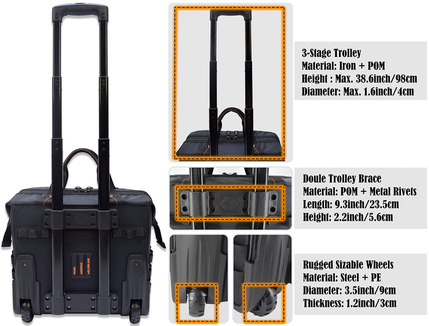 WELKINLAND 46Pockets-26" Rolling tool bag, Tools bag with wheels, Rolling tote bag, Tool tote, HVAC tools bags, Electrician tool bag, Tool bag organizer, Tool bags for men