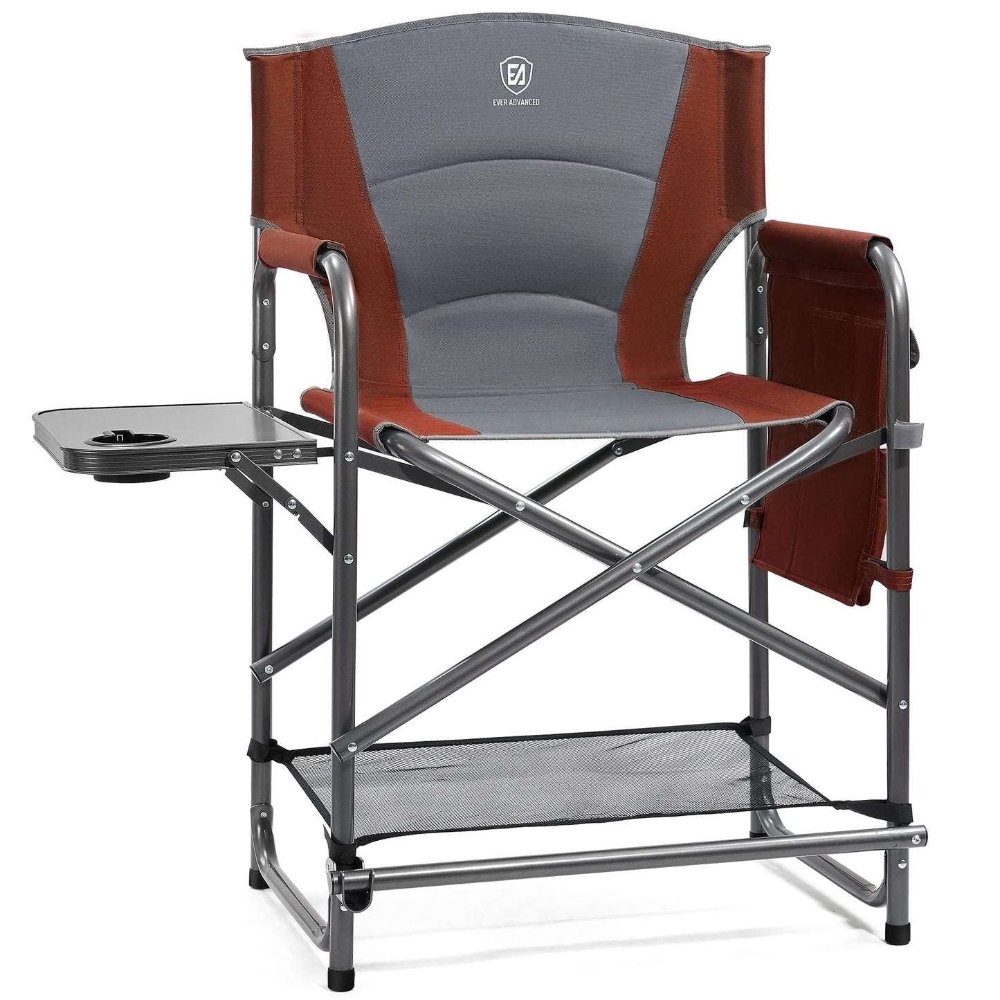 EVER ADVANCED Medium Tall Directors Chair Foldable Makeup Artist Chair Bar Height with Side Table Cup Holder and Pocket Footrest, Supports 400LBS (Red Brown, Seat Height: 23.2 inches)