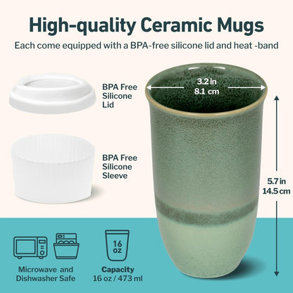 NOVA CERAMICS Coffee Travel Mug – Reusable Coffee – Microwave & Dishwasher Safe Coffee Green Tumbler - Gifts For Women Men Him Her – 16oz – Emerald