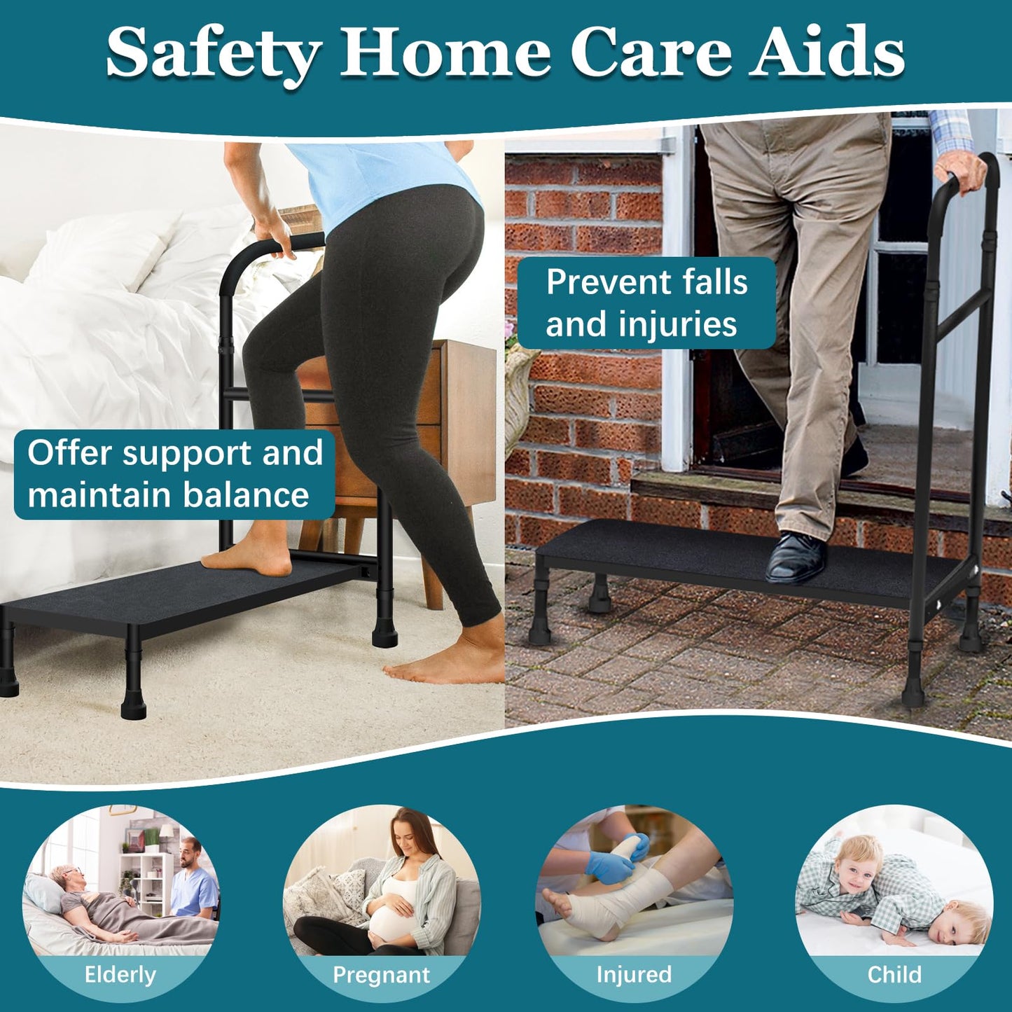 Gyykzz Step Stool with Handle, 30.5" Long Step Stools for High Beds/Bathtub/Kitchen, Height Adjustable Step Stool with Handle and Non-Skid Platform, Heavy Duty Stepping Stool Holds up to 400 lbs