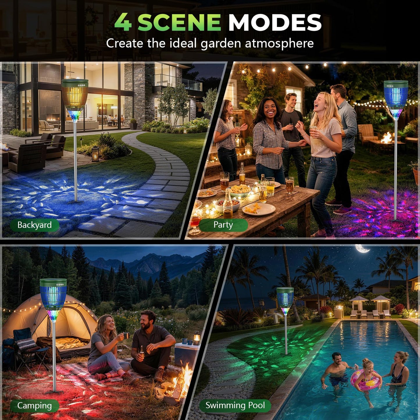Solar Bug Zapper Outdoor Waterproof with Flame Effect Light, 10 Starry Ambient Light with Breathing Effect Height Adjustable with Ground Stake for Patio, Garden, Yard & Pathway (Green)