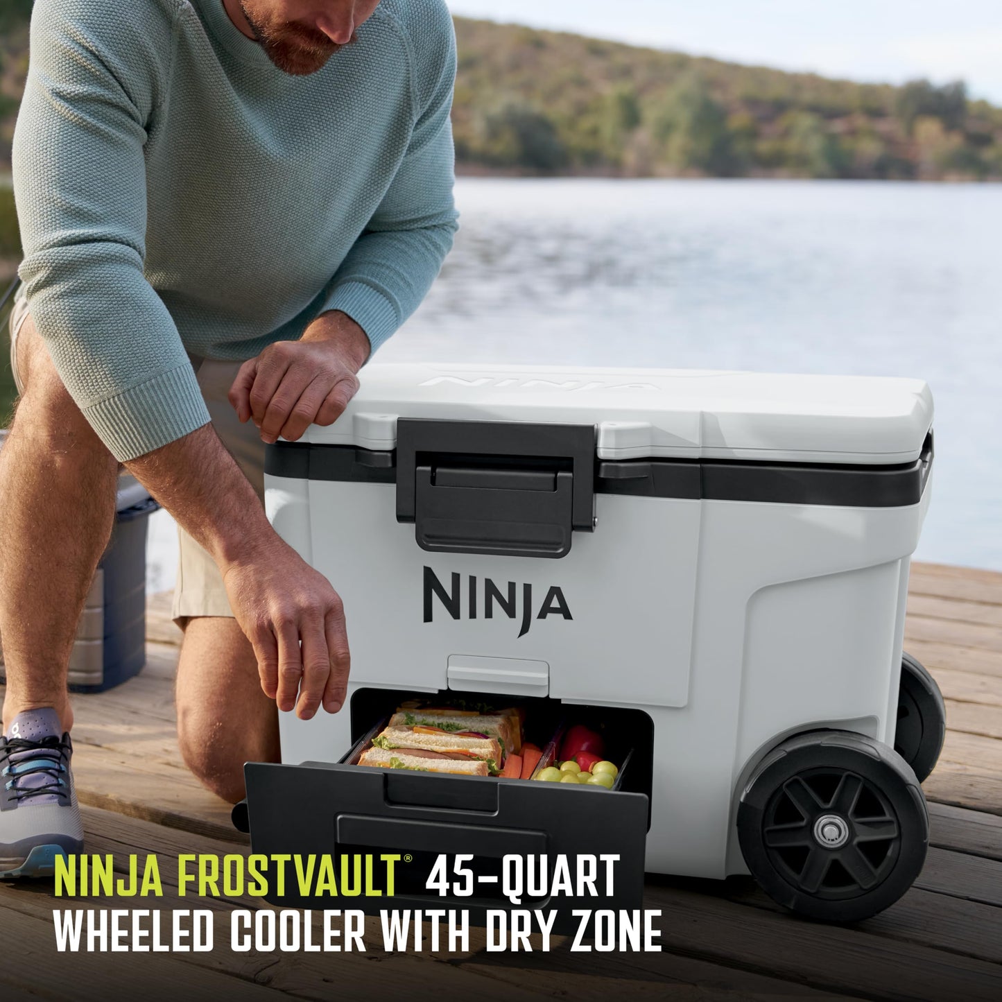 Ninja FrostVault 45QT Cooler with Wheels | Insulated with Temp Dry Storage Drawer | Keeps Ice Cold for Days | for The Beach, Camping, Picnics & More | Halocline Green | FB245TL