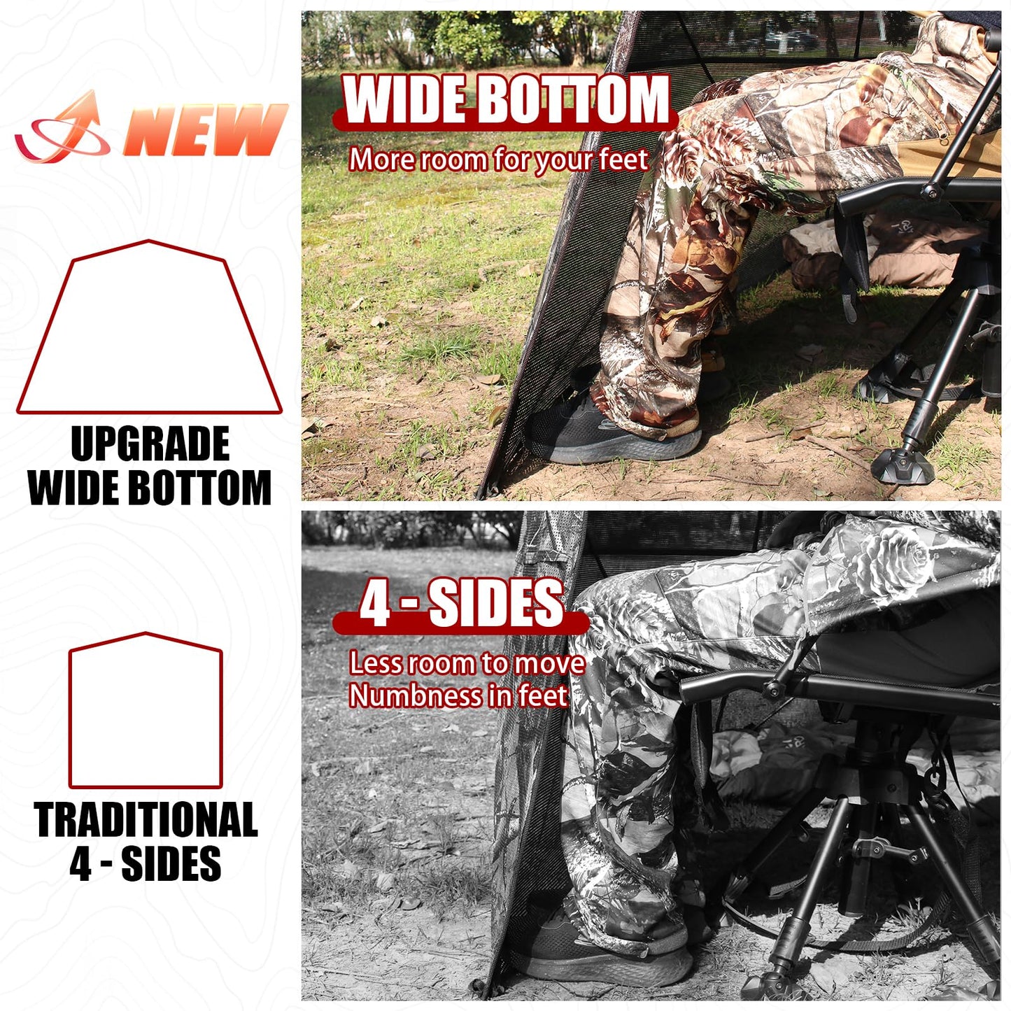 ShedOFF Wide Bottom Hunting Blind 1-3 Person with Portable Chair, 270 Degree See Through Pop up Ground Blinds for Deer Turkey Duck Hunting, Bow Hunting Adjust Windows with Silent Zipper