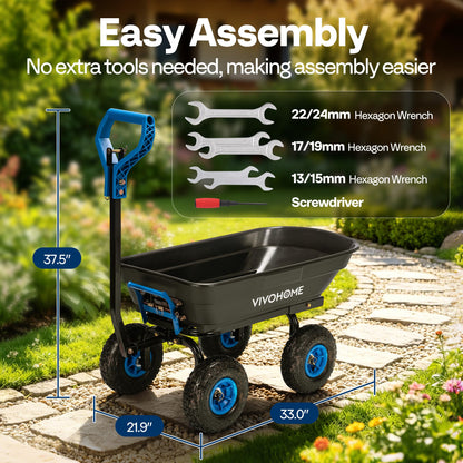 VIVOHOME 4 Cu.Ft 660lbs Wheelbarrow Garden Cart Dump Wagon with 2-in-1 Convertible Handle Attach to ATV or Tractor, 10" All Terrain Wheels, Quick Release Heavy Duty Utility Trailer for Yard-Blue