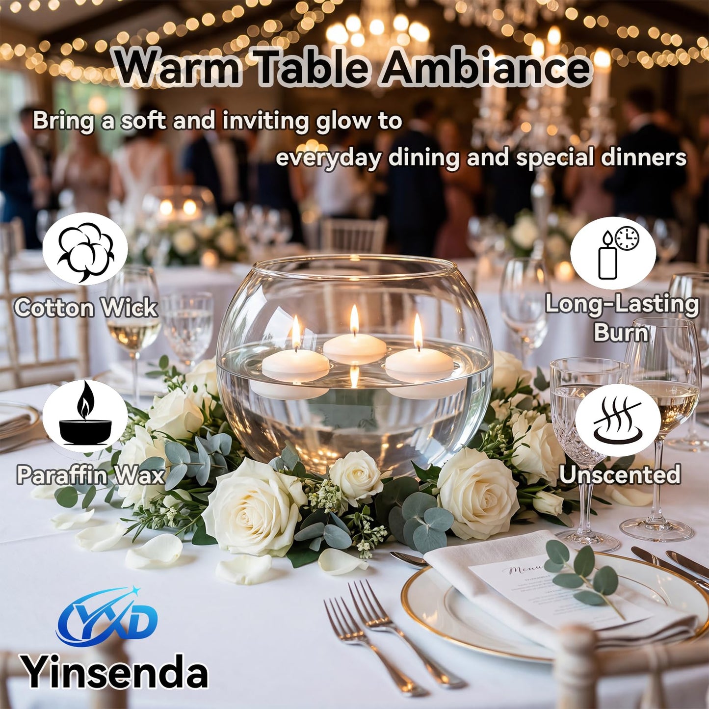 Yinsenda 12 Pack White Floating Candles - 3 Inch Unscented Round Candles, 7-9 Hrs Long Burning for Cylinder Vases, Wedding Centerpieces, Parties & Bath Décor