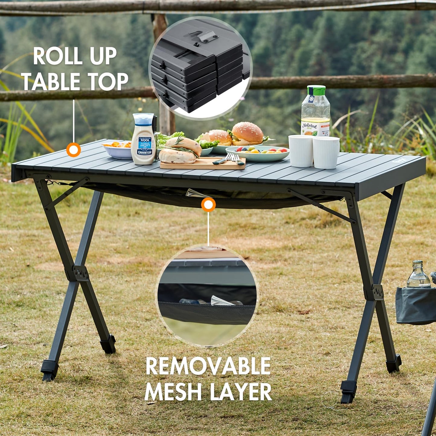 PORTAL Folding Outdoor Camping Table with Adjustable Height, Aluminum Roll-Up Top and Carry Bag, Big Large Portable Tables for Picnic, BBQ and Tailgating, Dark Gray