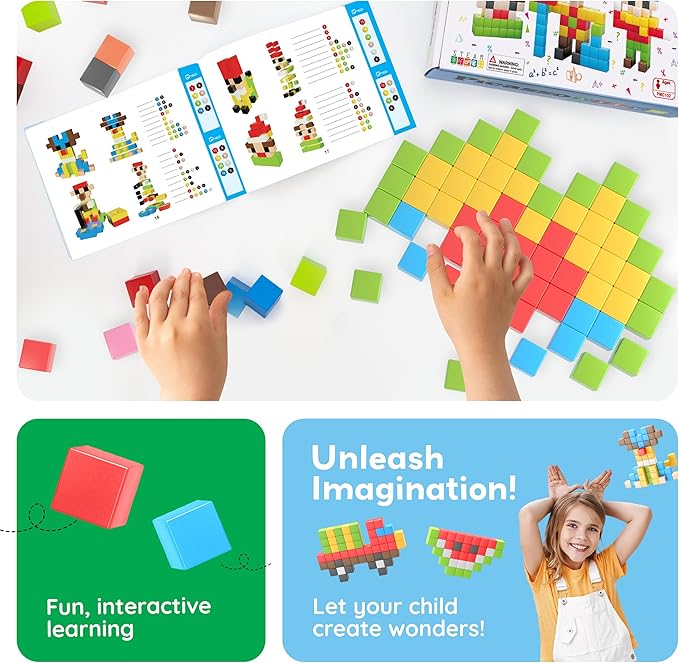 PicassoTiles 102pcs Pixel Magnetic Puzzle Cube 1” Pixel Mix &amp Match Toys with Ideabook STEM Education Learning Building Block Magnets Construction ToySet Stacking Creative Kit for Kids Age 3+ PMC1