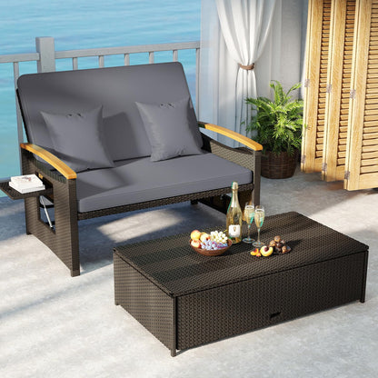 Tangkula Patio Rattan Daybed with 4-Level Adjustable Backrest, Outdoor Wicker Loveseat with Acacia Wood Armrest, Storage Ottoman & Folding Tray, Double Sunbed for Lawn Yard & Poolside, Grey & Brown